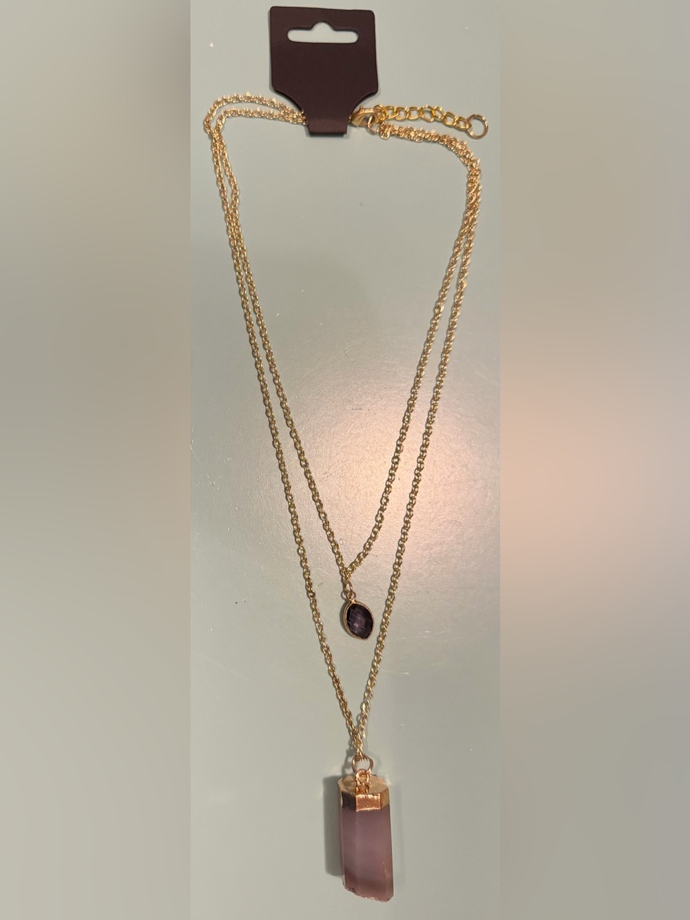 Gorgeous Gold-Tone Layered Necklace with Purple Faceted & Raw Amethyst Pendant